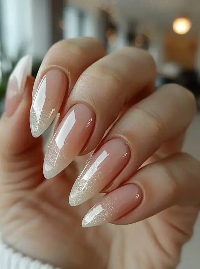 Nude Pink Shimmer Gradient Long Almond Nails Nude Pink Shimmer Gradient Long Almond Nails — Trendy Japanese Nails
