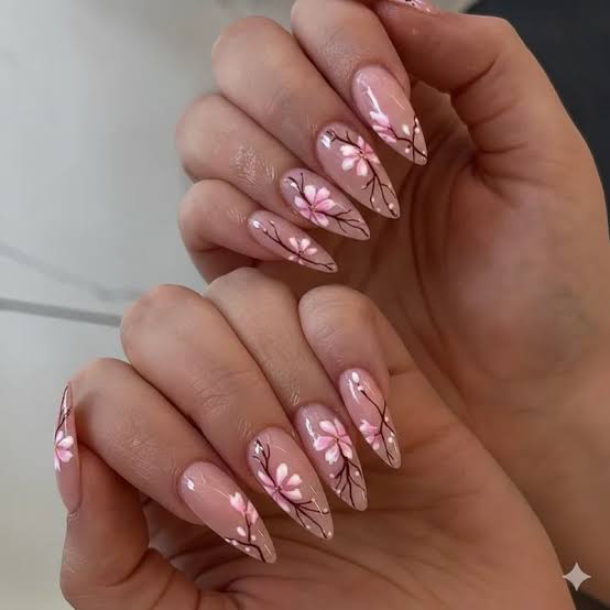 Nude Cherry Blossom Stiletto Nails Nude Cherry Blossom Stiletto Nails — Trendy Japanese Nails