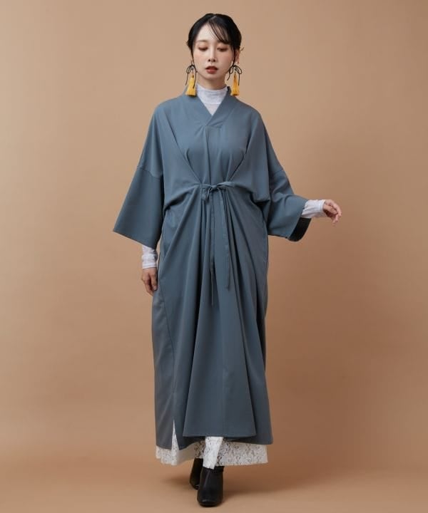 Flowing Gray Wrap Dress Over White Shirt — Trendy Japanese Outfits