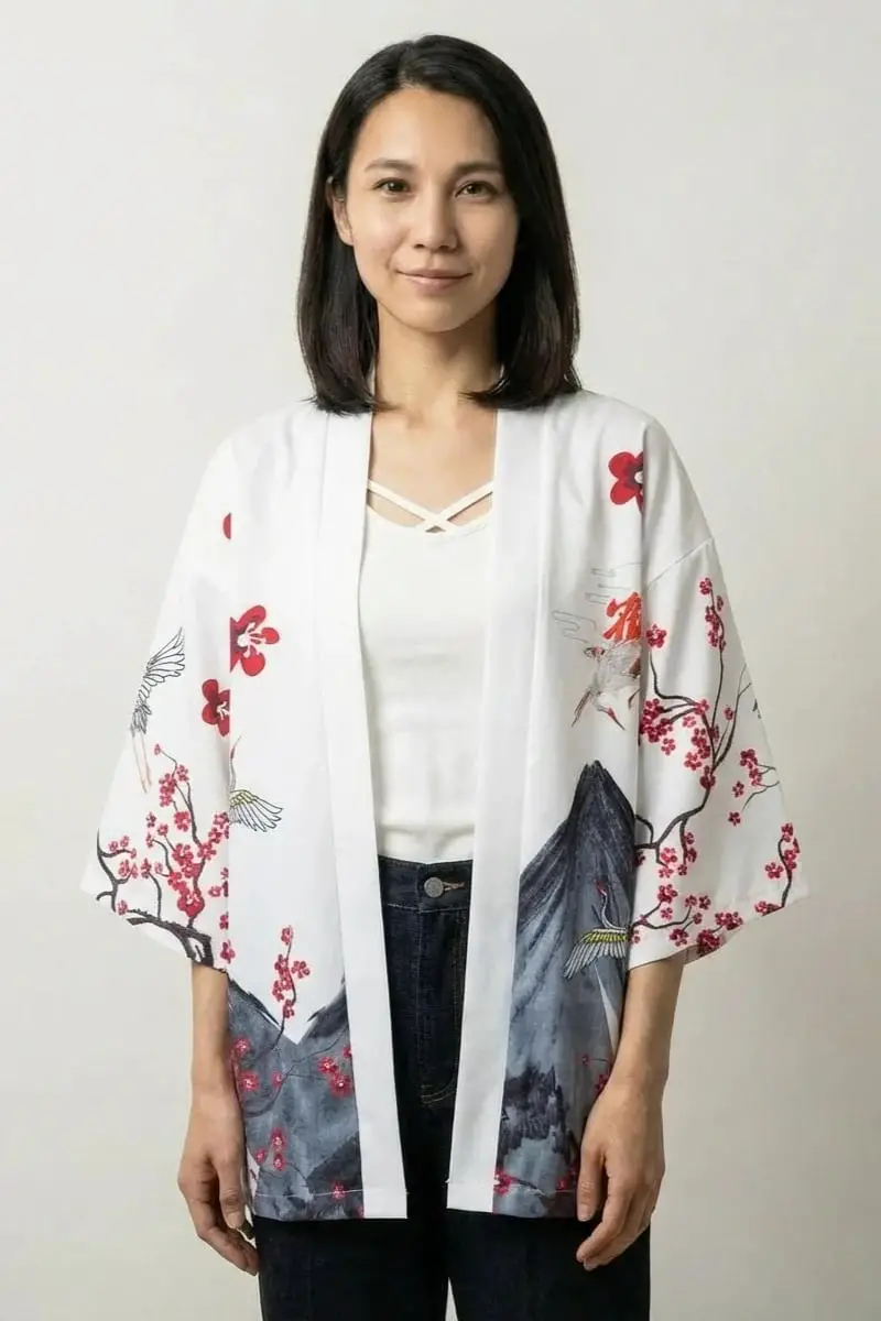 White Kimono With Crane and Floral Print — Trendy Japanese Outfits