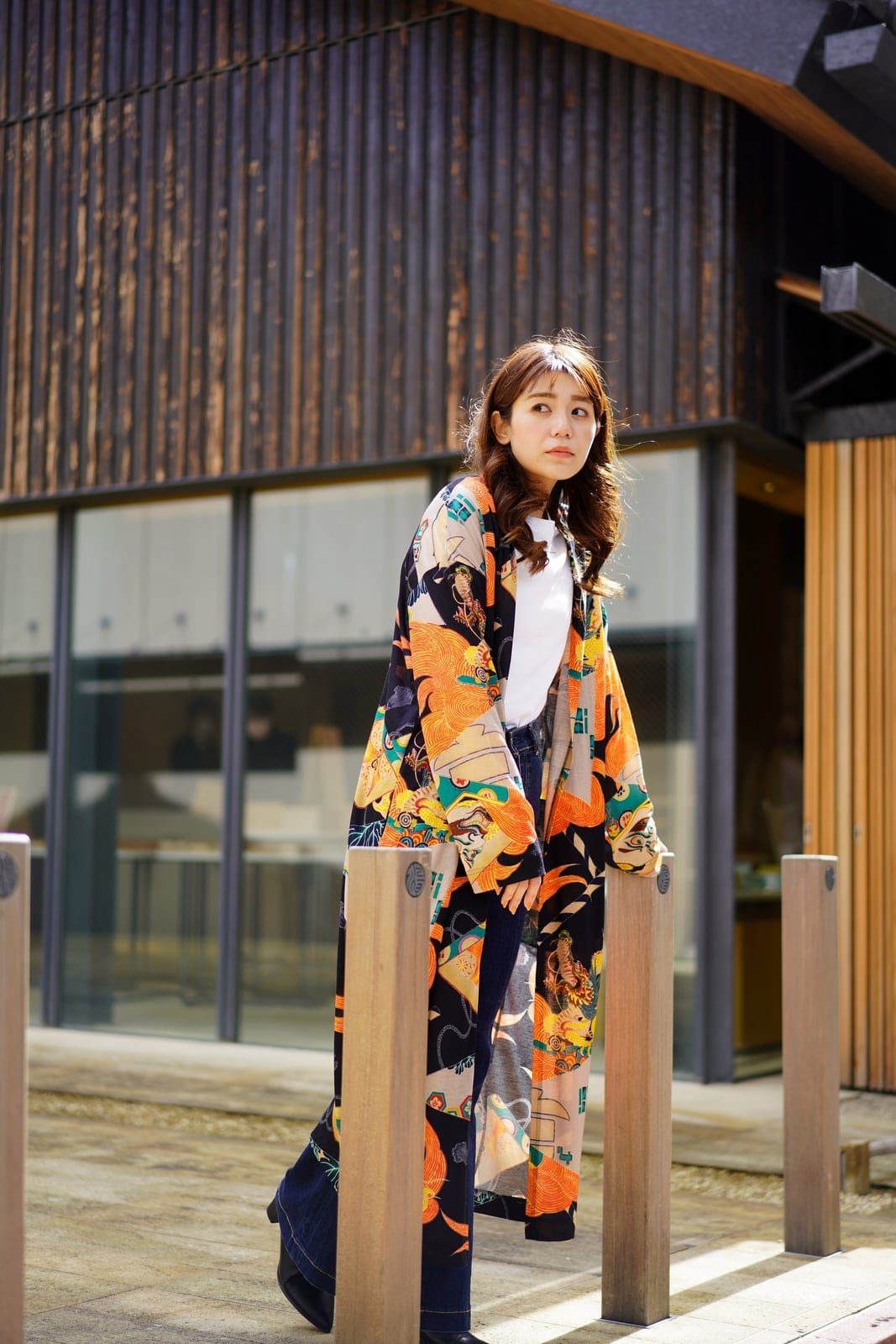 Printed Open Jacket Over Black Outfit — Trendy Japanese Outfits