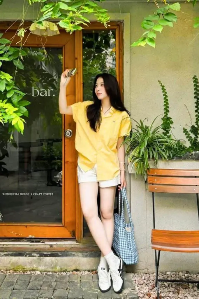 Yellow Button-Up Shirt With White Shorts — Trendy Japanese Outfits
