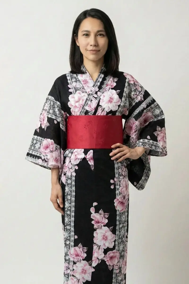 Black Yukata With Floral Print — Trendy Japanese Outfits