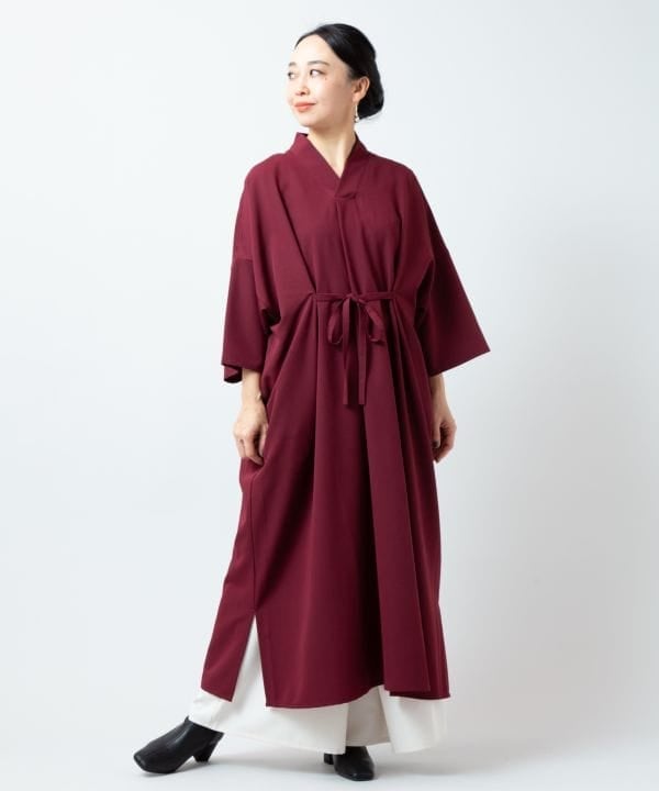 Burgundy Wrap Dress Over White Pants — Trendy Japanese Outfits
