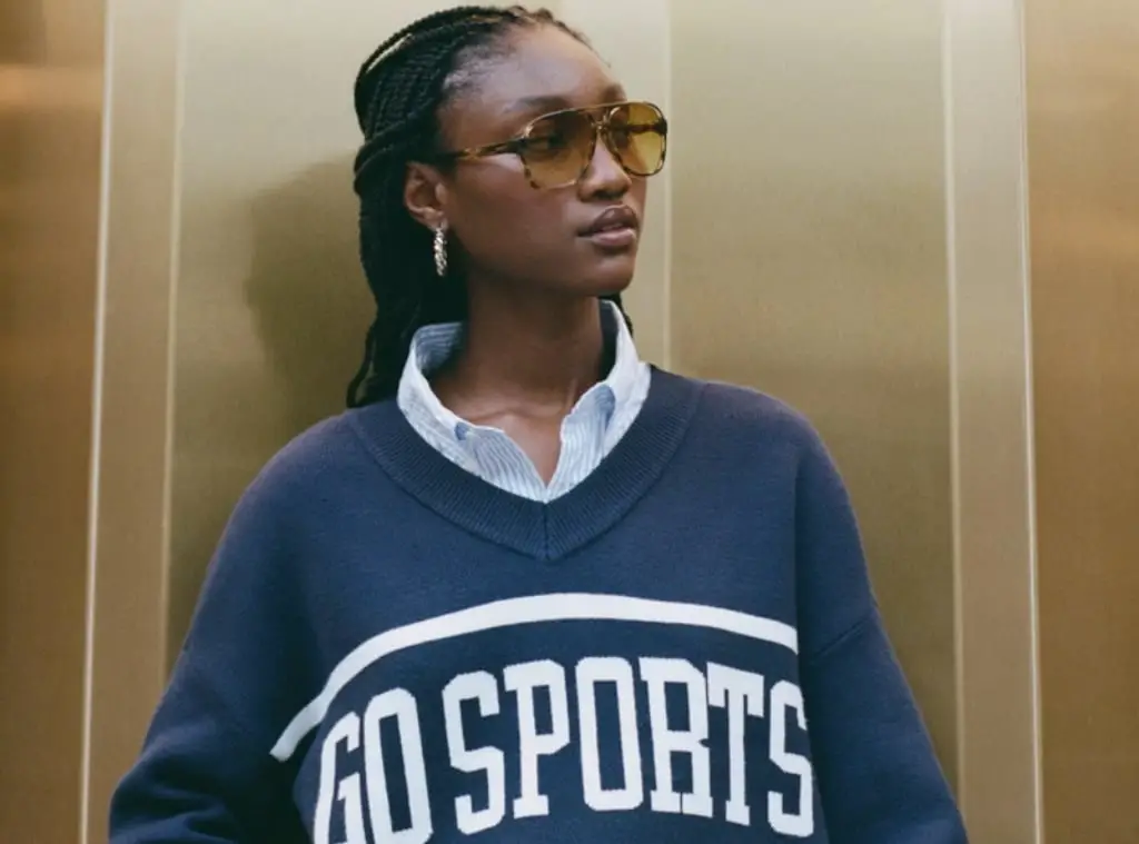 Blue Jersey Top with Varsity Jacket and Sheer Skirt, Close-Up Take Blue Jersey Top with Varsity Jacket and Sheer Skirt, Close-Up Take — Trendy Jersey Outfit