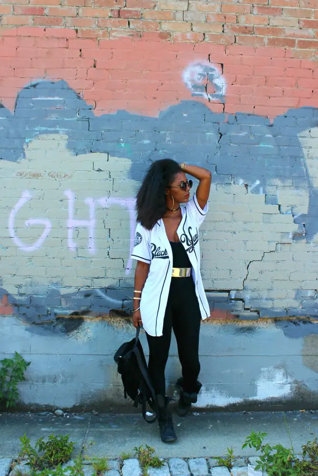 White Baseball Jersey Over Bodysuit with Combat Boots, Close-Up Take White Baseball Jersey Over Bodysuit with Combat Boots, Close-Up Take — Trendy Jersey Outfit
