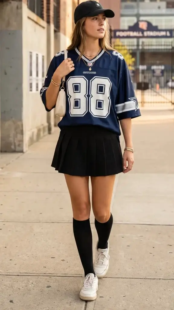 Navy Football Jersey with Pleated Mini Skirt and Cap, Close-Up Take Navy Football Jersey with Pleated Mini Skirt and Cap, Close-Up Take — Trendy Jersey Outfit