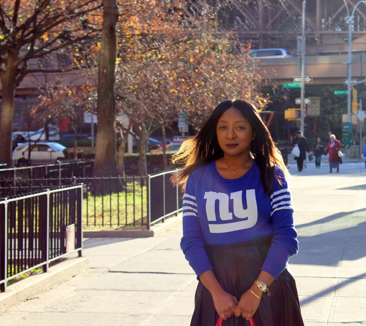 NY Giants Jersey with Black Flared Skirt NY Giants Jersey with Black Flared Skirt — Trendy Jersey Outfit