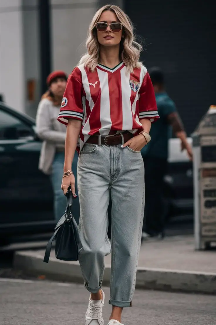 Striped Jersey Tucked into High-Waisted Jeans Striped Jersey Tucked into High-Waisted Jeans — Trendy Jersey Outfit