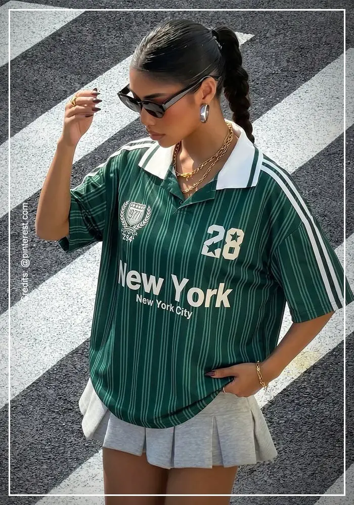 Green Striped Jersey Polo with Pleated Mini Skirt Green Striped Jersey Polo with Pleated Mini Skirt — Trendy Jersey Outfit