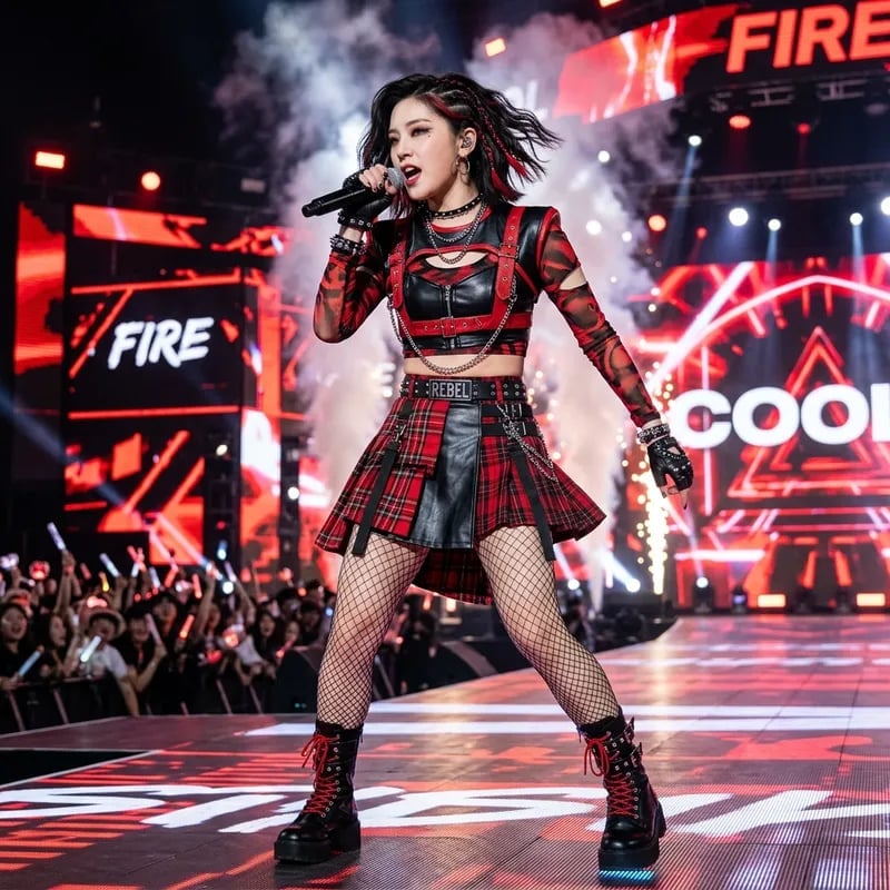 Edgy K-pop Concert Outfit with Plaid Skirt and Harness Edgy K-pop Concert Outfit with Plaid Skirt and Harness — Trendy K-pop Outfits