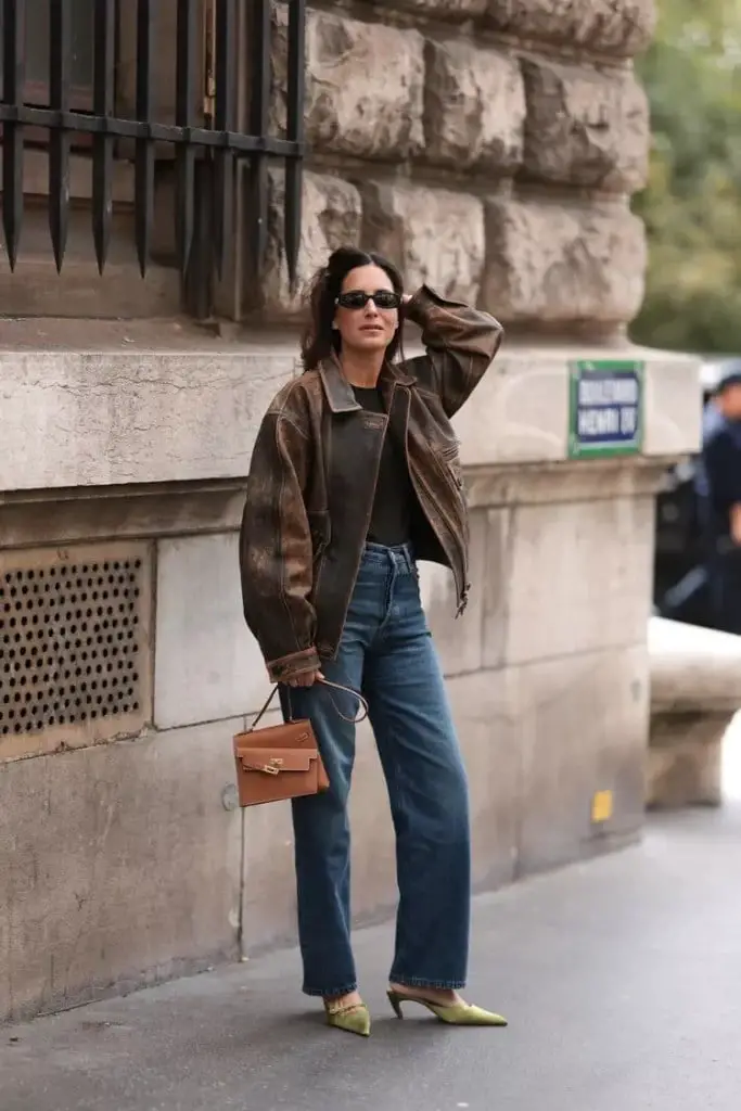 Green Kitten Heels With Distressed Leather Jacket Green Kitten Heels With Distressed Leather Jacket — Trendy Kitten Heels Outfits
