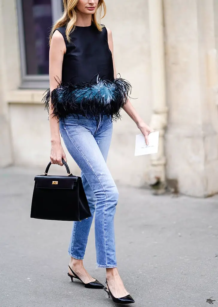 Black Slingback Kitten Heels With Feather Trim Top Black Slingback Kitten Heels With Feather Trim Top — Trendy Kitten Heels Outfits