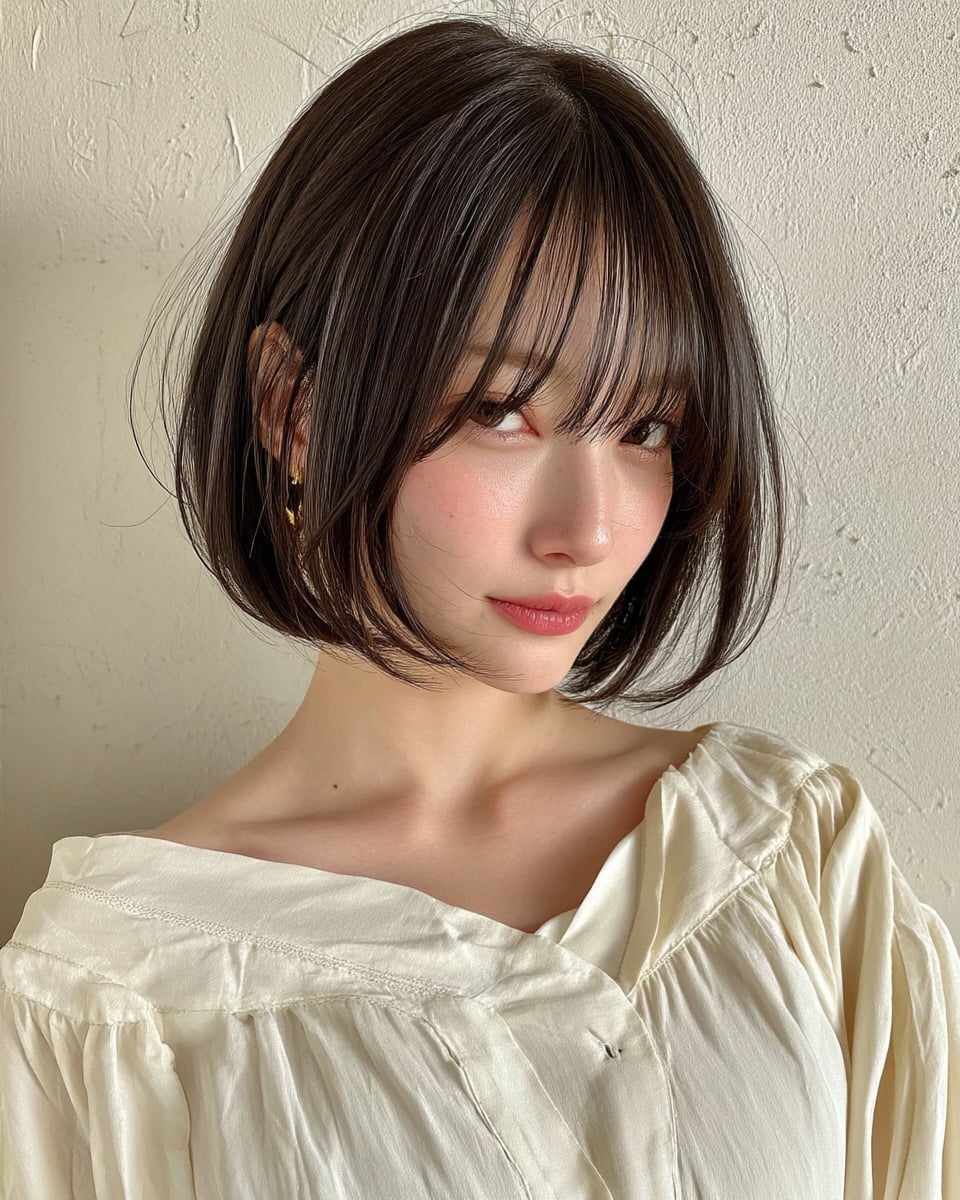 Chin-Length Bob With Wispy Bangs Chin-Length Bob With Wispy Bangs — Trendy Korean Hairstyles