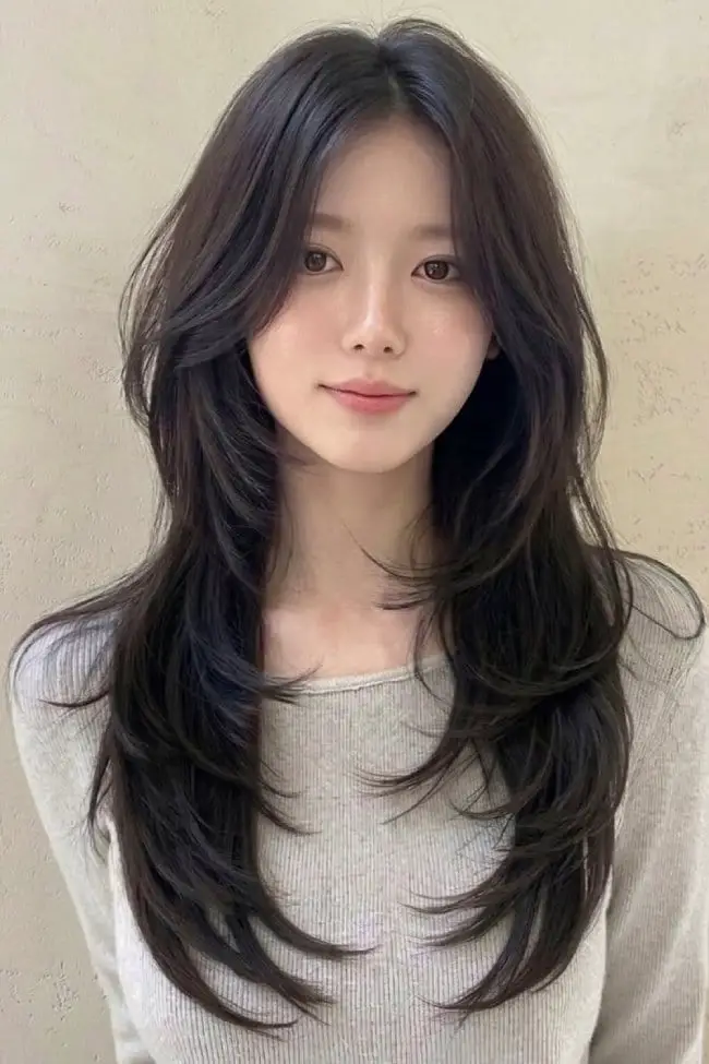 Mid-Back Layers With Voluminous Face-Framing, Close-Up Take Mid-Back Layers With Voluminous Face-Framing, Close-Up Take — Trendy Korean Hairstyles