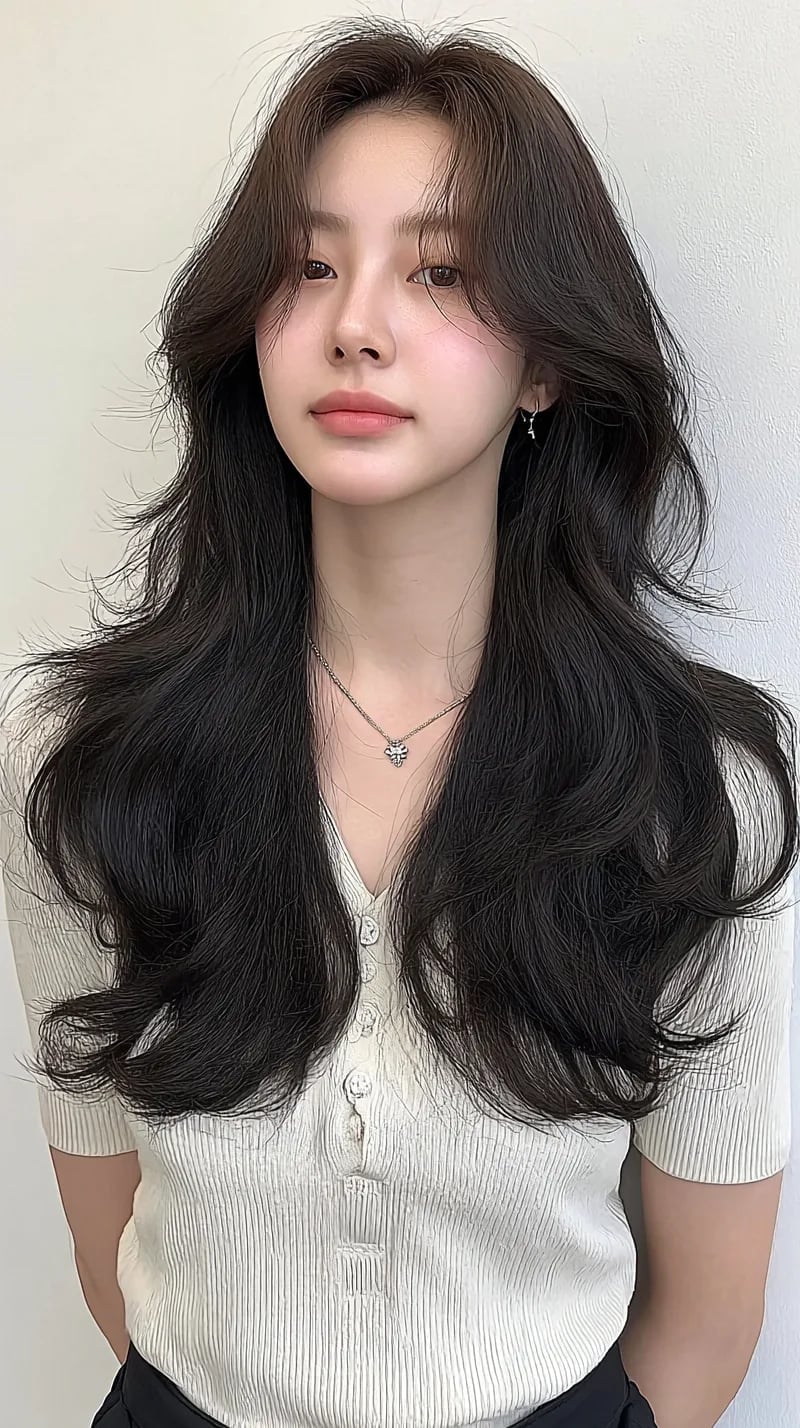 Mid-Back Layers With Soft Waves and Curtain Bangs Mid-Back Layers With Soft Waves and Curtain Bangs — Trendy Korean Hairstyles