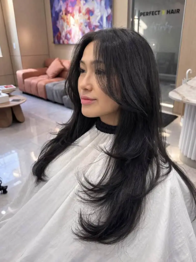 Mid-Back Black Hair With Soft Waves and Curtain Bangs, Close-Up Take Mid-Back Black Hair With Soft Waves and Curtain Bangs, Close-Up Take — Trendy Korean Hairstyles