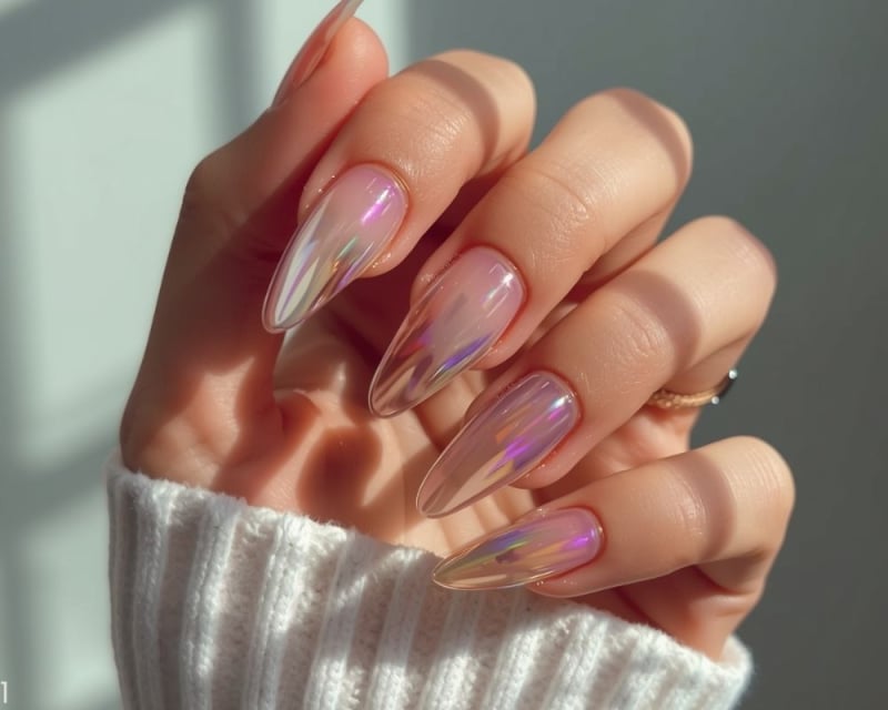 Long Stiletto Nails with Iridescent Flakes Long Stiletto Nails with Iridescent Flakes — Trendy Korean Nails