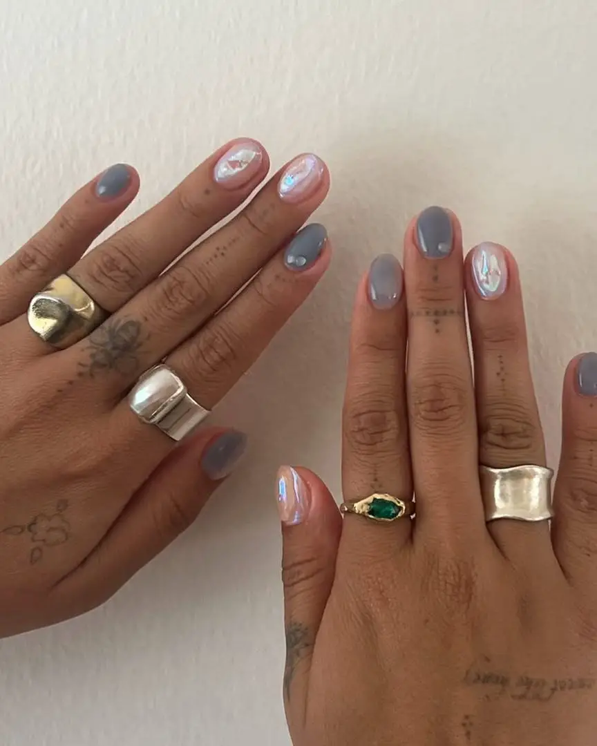 Medium Soft Square Gray and Opal Nails Medium Soft Square Gray and Opal Nails — Trendy Korean Nails