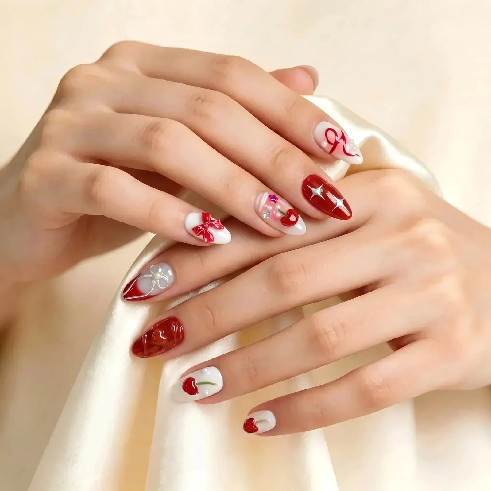 Medium Almond Cherry and Bow Nails Medium Almond Cherry and Bow Nails — Trendy Korean Nails