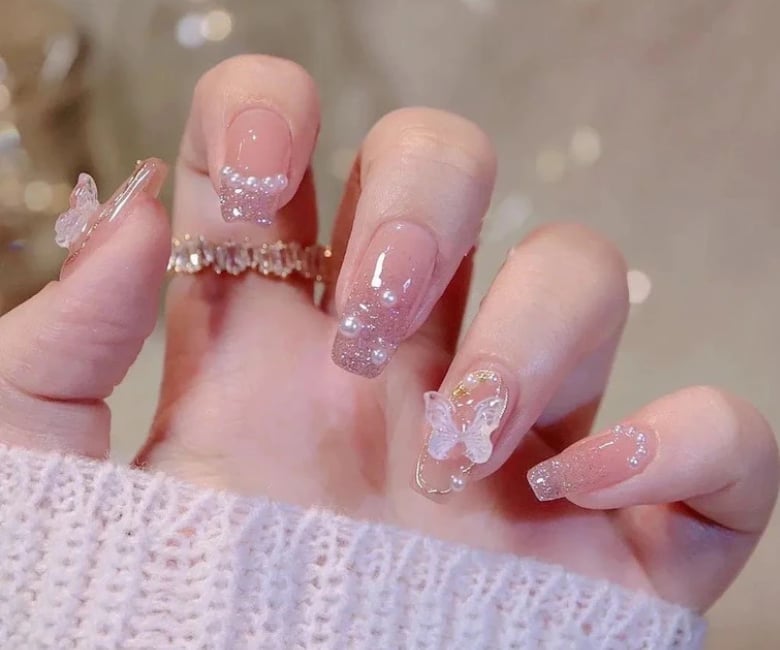 Long Coffin Nails with 3D Butterflies Long Coffin Nails with 3D Butterflies — Trendy Korean Nails