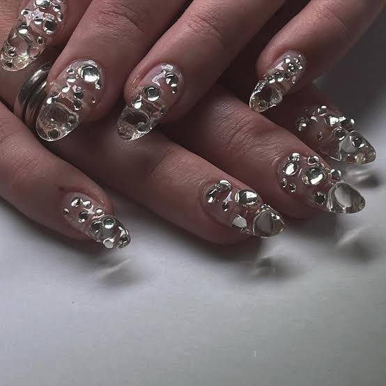 Long Almond Gem Cluster Nails Long Almond Gem Cluster Nails — Trendy Korean Nails
