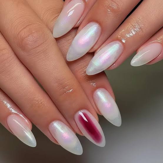 Milky White Almond Nails with Red Accent Milky White Almond Nails with Red Accent — Trendy Korean Nails
