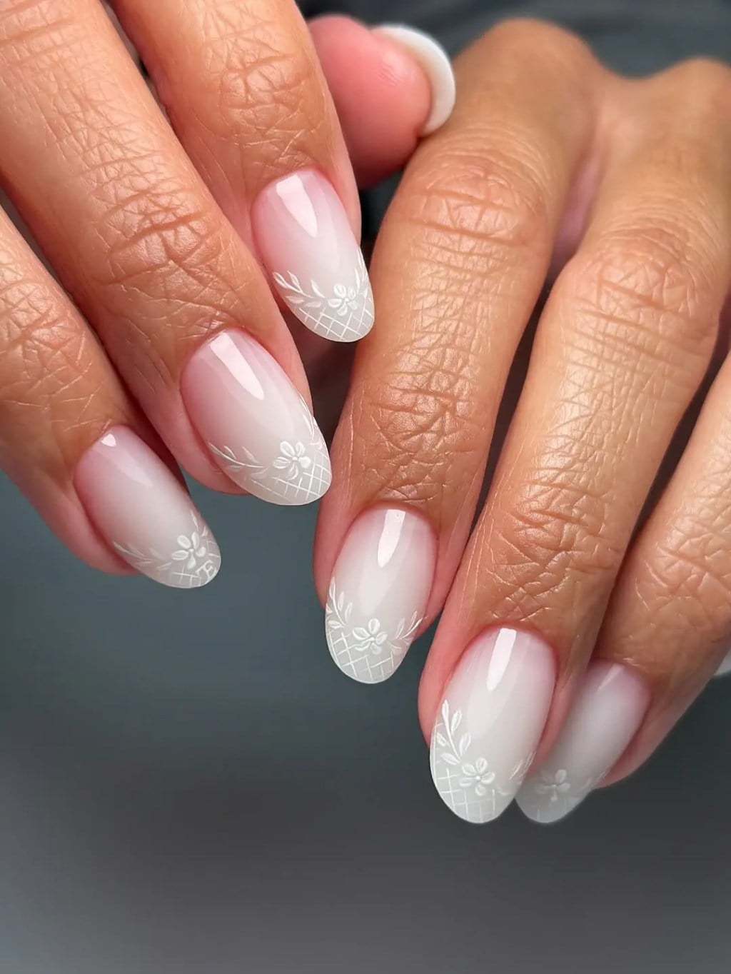 White Lace Floral Gradient Medium Almond Nails White Lace Floral Gradient Medium Almond Nails — Trendy Lace Nails