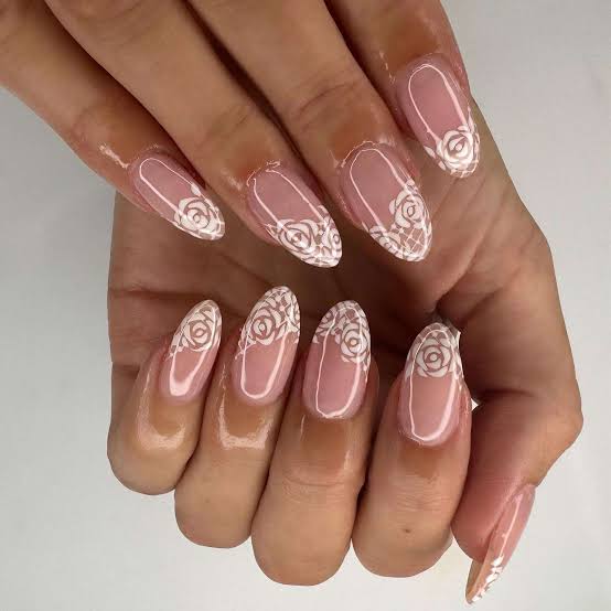 Lace Rose French Medium Oval Nails Lace Rose French Medium Oval Nails — Trendy Lace Nails