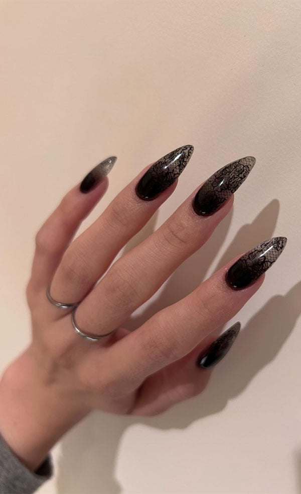Black Lace Gradient Long Sharp Nails Black Lace Gradient Long Sharp Nails — Trendy Lace Nails