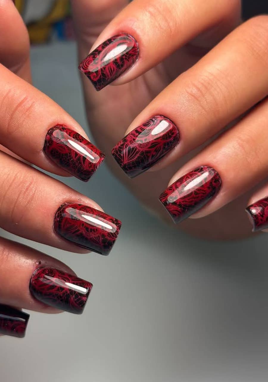 Red and Black Lace Long Coffin Nails Red and Black Lace Long Coffin Nails — Trendy Lace Nails