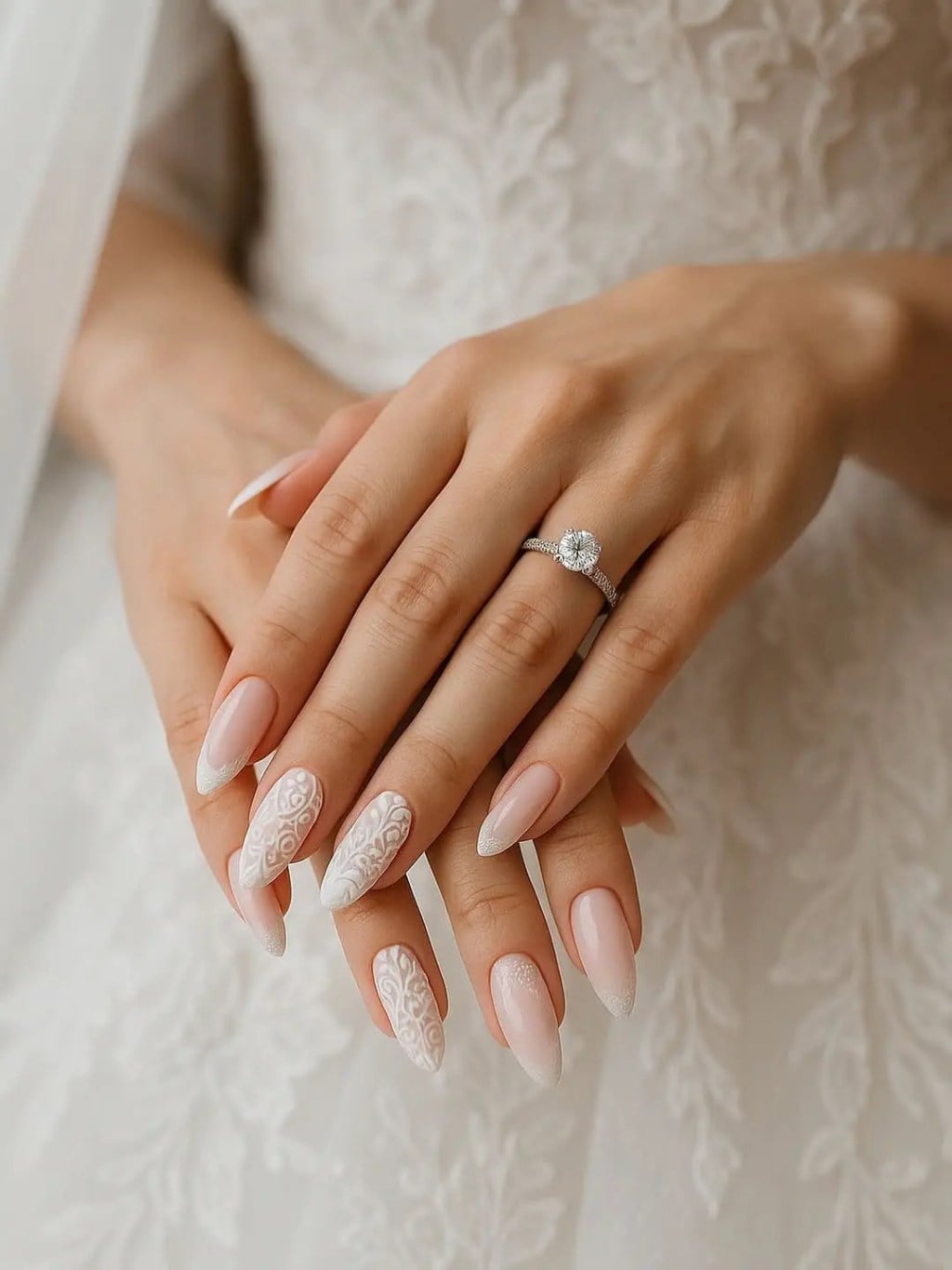 Delicate White Lace Long Almond Nails Delicate White Lace Long Almond Nails — Trendy Lace Nails