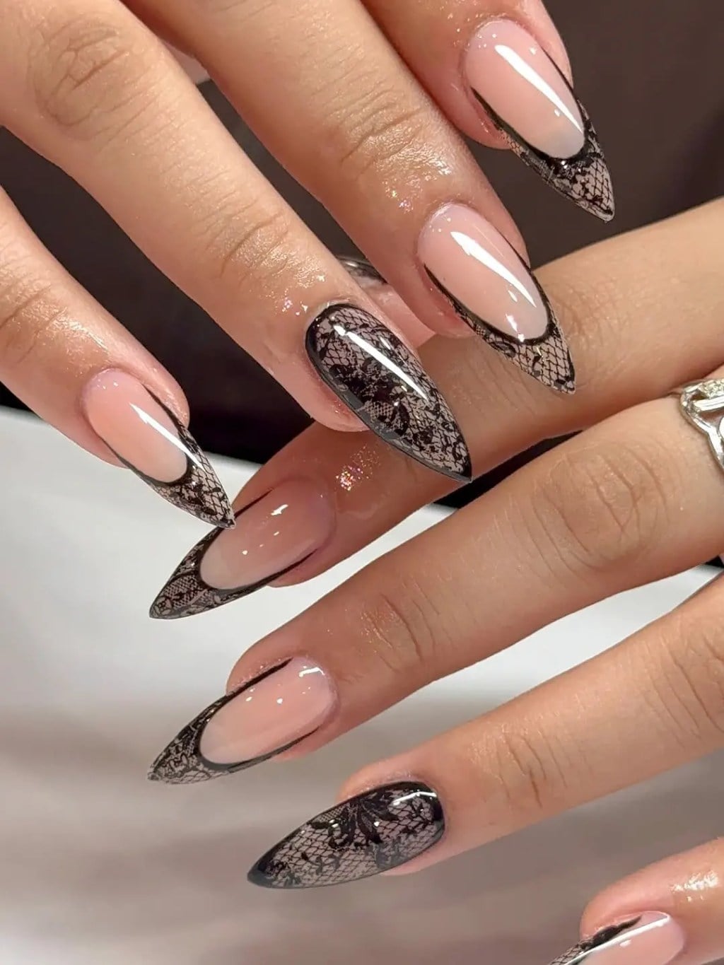 Black Lace Cuticle Tip Medium Almond Nails Black Lace Cuticle Tip Medium Almond Nails — Trendy Lace Nails