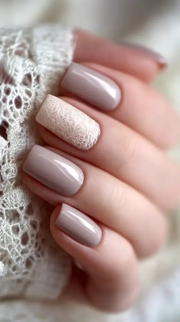 White Lace Accent Muted Beige Nails White Lace Accent Muted Beige Nails — Trendy Lace Nails