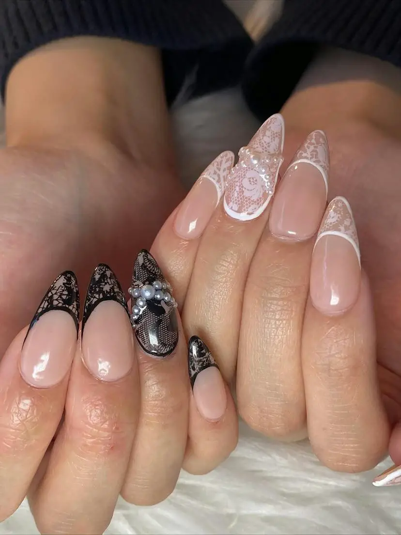 Lace Pearl French Medium Stiletto Nails Lace Pearl French Medium Stiletto Nails — Trendy Lace Nails