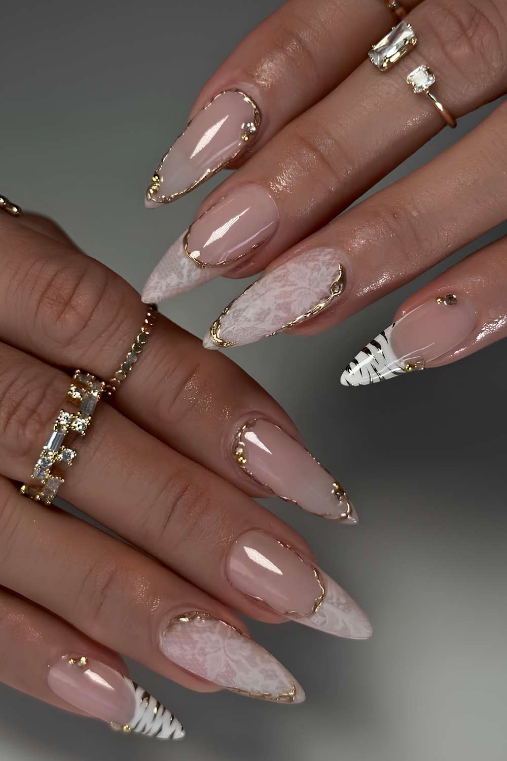 White Lace Gold Trim Long Stiletto Nails White Lace Gold Trim Long Stiletto Nails — Trendy Lace Nails