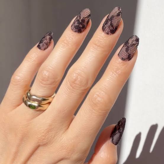 Sheer Black Lace Medium Stiletto Nails Sheer Black Lace Medium Stiletto Nails — Trendy Lace Nails
