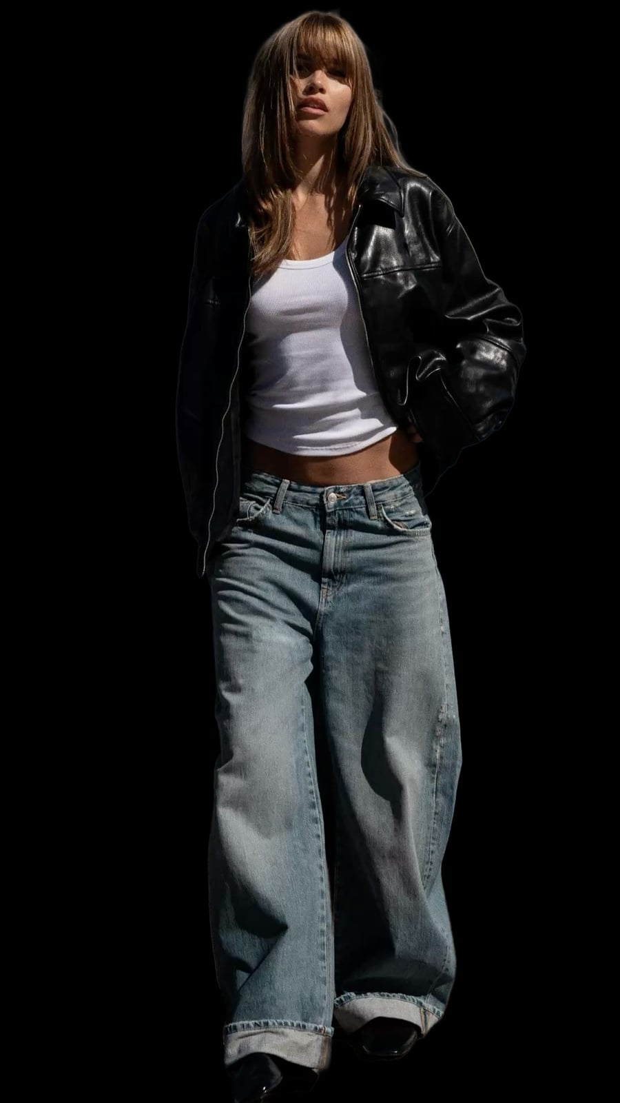 Oversized Black Leather Jacket with Baggy Jeans Oversized Black Leather Jacket with Baggy Jeans — Trendy Leather Jacket Outfits Women