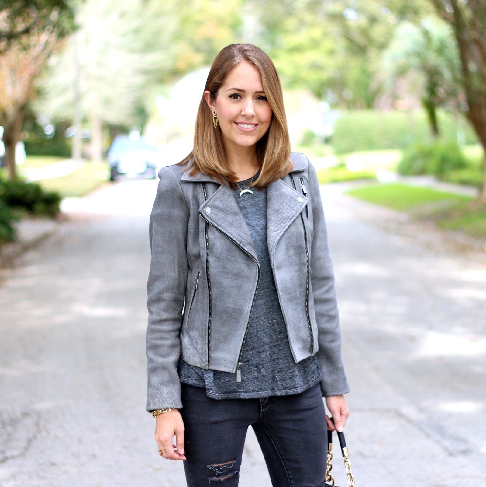 Gray Suede Moto Jacket with Dark Ripped Jeans Gray Suede Moto Jacket with Dark Ripped Jeans — Trendy Leather Jacket Outfits Women