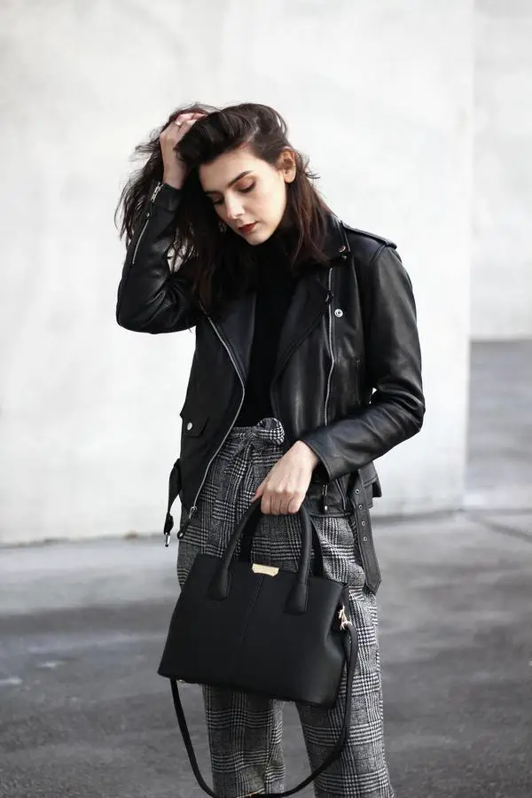 Black Leather Biker Jacket with Plaid Trousers Black Leather Biker Jacket with Plaid Trousers — Trendy Leather Jacket Outfits Women