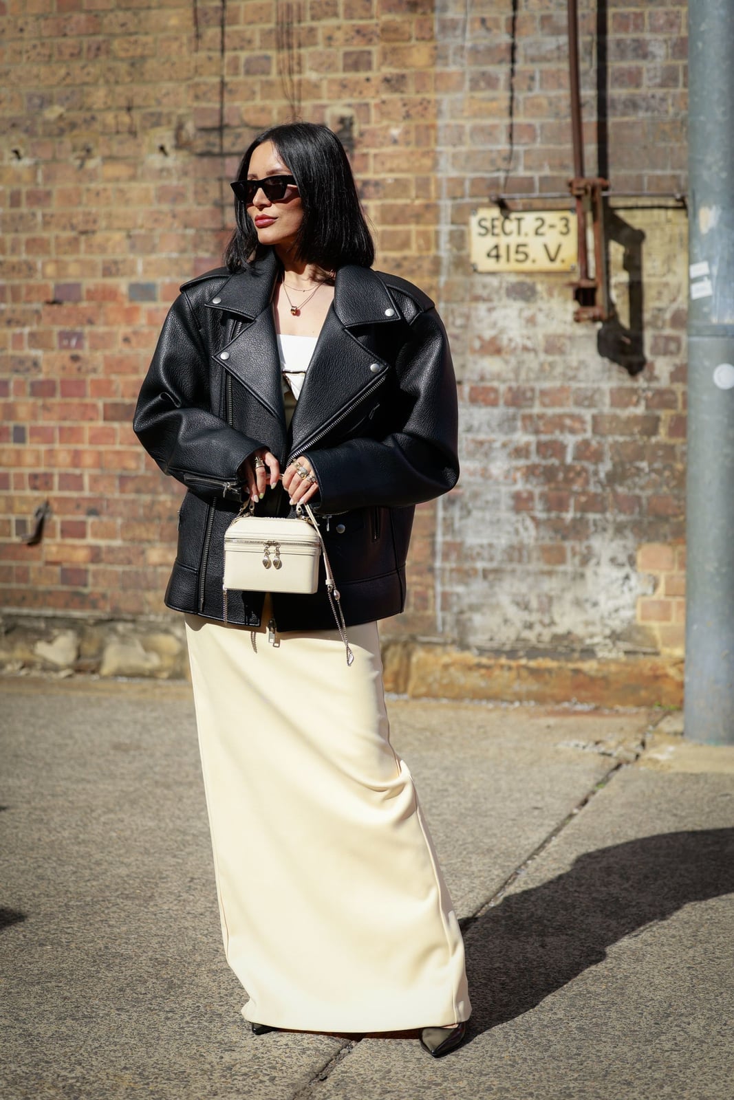 Black Leather Biker Jacket with Cream Maxi Skirt Black Leather Biker Jacket with Cream Maxi Skirt — Trendy Leather Jacket Outfits Women