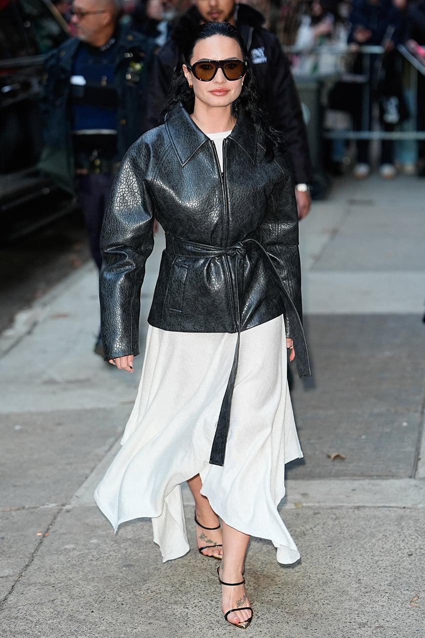 Textured Leather Jacket with White Flowy Dress Textured Leather Jacket with White Flowy Dress — Trendy Leather Jacket Outfits Women