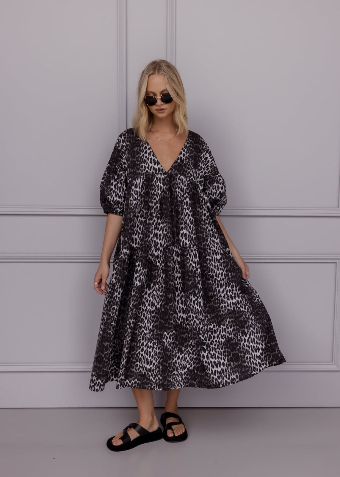 Voluminous Leopard Print Midi Dress with Puff Sleeves — Trendy Leopard Print Outfits