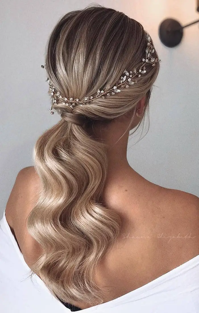 Ash Blonde Low Ponytail With Hollywood Waves, Mid-Back Ash Blonde Low Ponytail With Hollywood Waves, Mid-Back — Trendy Low Ponytail Hairstyles