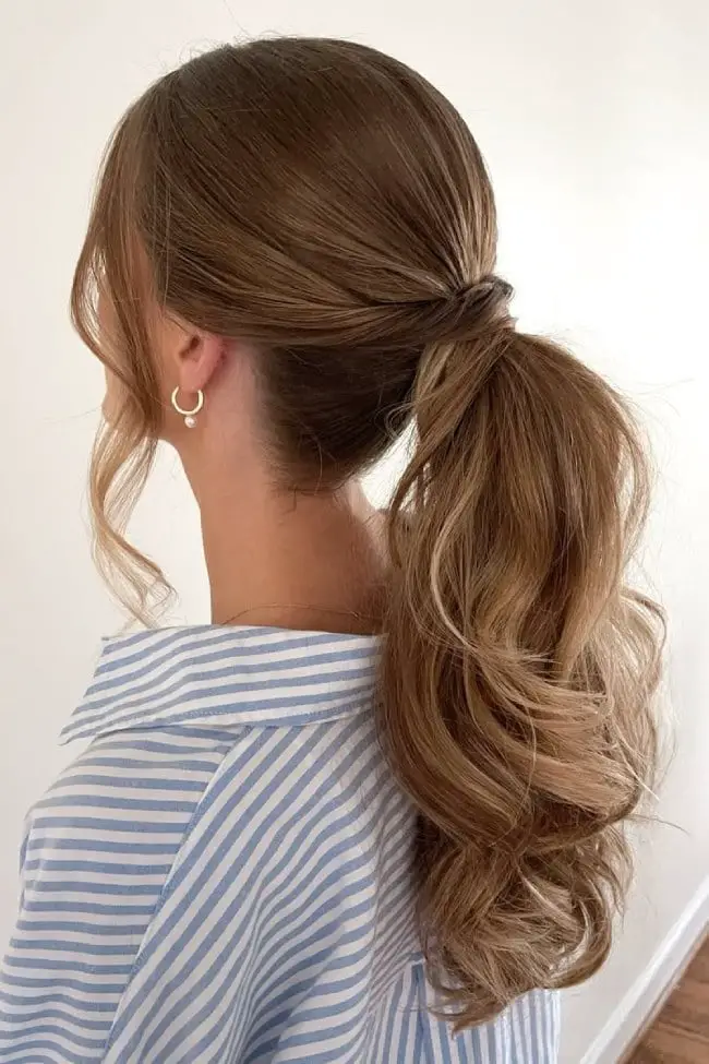 Medium Brown Low Ponytail With Balayage Highlights Medium Brown Low Ponytail With Balayage Highlights — Trendy Low Ponytail Hairstyles