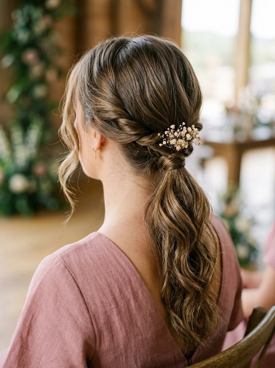 Medium Brown Low Ponytail With Braided Accents Medium Brown Low Ponytail With Braided Accents — Trendy Low Ponytail Hairstyles