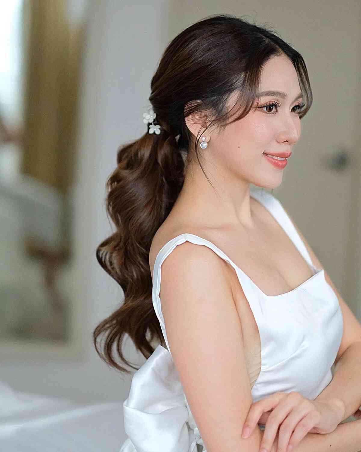 Dark Brown Low Ponytail With Soft Wispy Bangs Dark Brown Low Ponytail With Soft Wispy Bangs — Trendy Low Ponytail Hairstyles