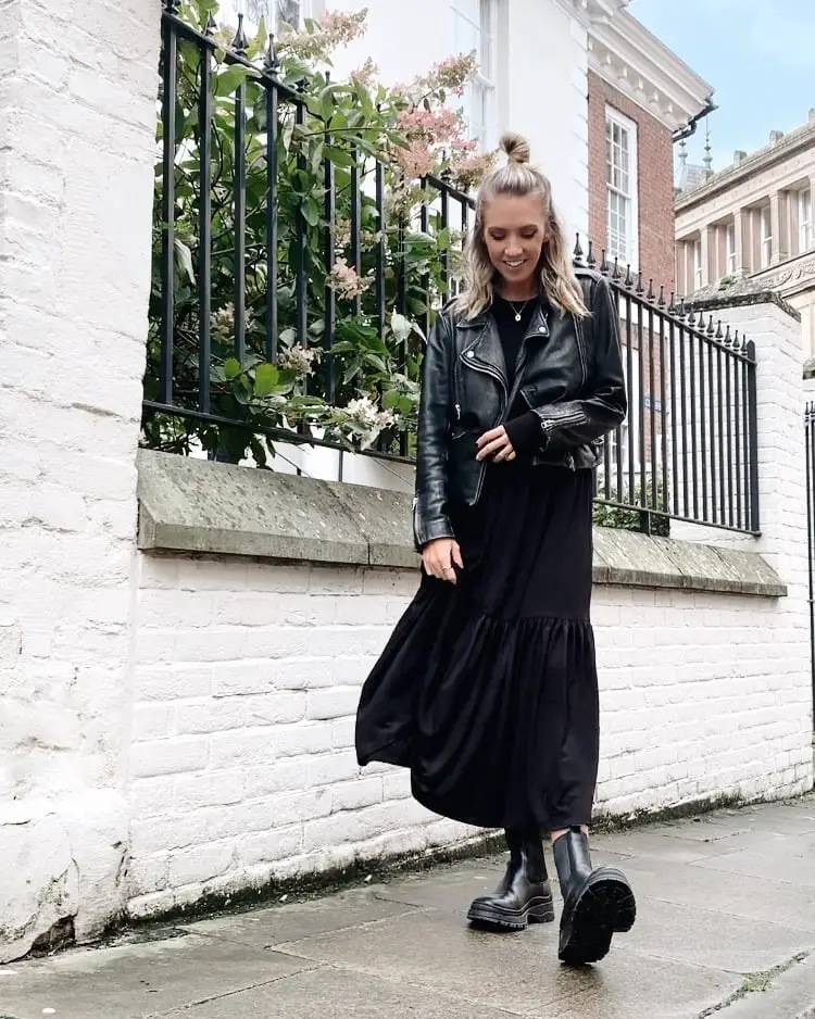 Monochromatic Black Biker Jacket and Maxi Dress Monochromatic Black Biker Jacket and Maxi Dress — Trendy Luxury Outfits