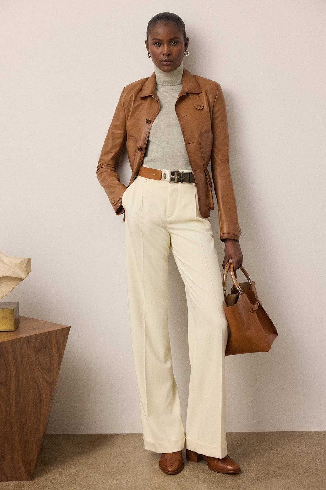 Leather Jacket and Wide-Leg Trousers Create a Chic Silhouette Leather Jacket and Wide-Leg Trousers Create a Chic Silhouette — Trendy Luxury Outfits