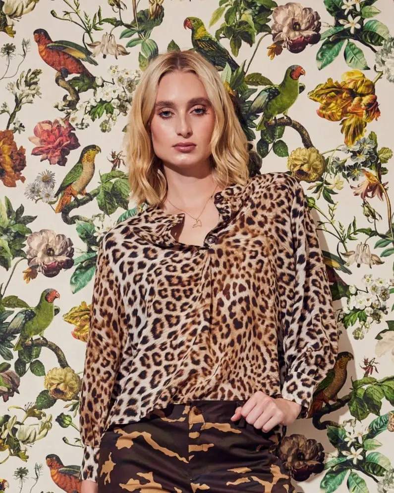 Leopard Print Silk Blouse for Bold Casual Luxury, Close-Up Take Leopard Print Silk Blouse for Bold Casual Luxury, Close-Up Take — Trendy Luxury Outfits